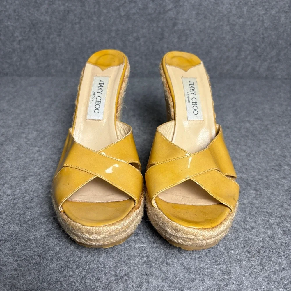 Jimmy Choo Yellow Patent Leather Crisscross Espadrille Wedge Sandals Womens 42